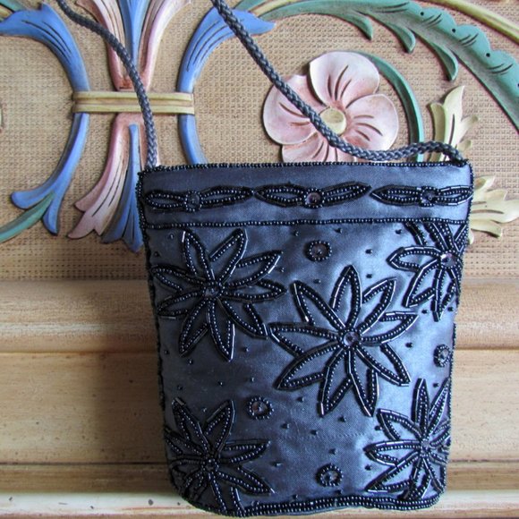 EVENING BAG, BEADED ROARING 20s FLAPPER STYLE SHOULDER BAG, SLATE GRAY-BLUE - Picture 2 of 5